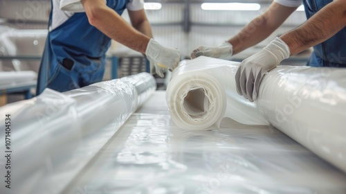 A pair of workers carefully unrolling and taping together large sheets of fiberglass insulation in a factory. photo