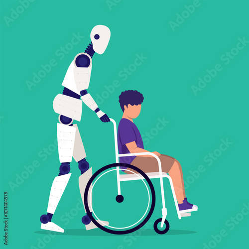 Side View Of AI Caregiver Robot Pushing A Disabled Little Boy In Wheelchair.