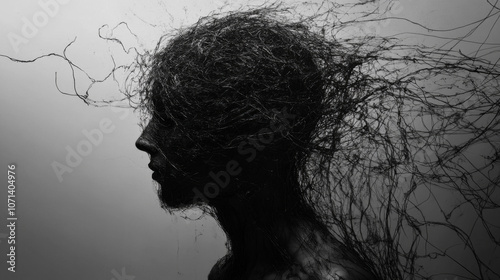 A silhouette of a person with their face obscured by a tangled mass of black vines, creating a sense of mystery and isolation. photo