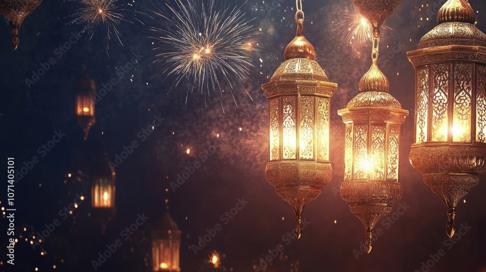 Obraz premium Festive Diwali card background with a warm bronze color gradient, featuring intricate gold patterns, glowing oil lamps, and celebratory fireworks bursting in sky. Oriental festival of lights. Ramada