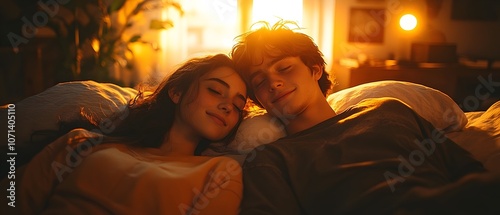 young couple relaxing in bed. morning routine, cozy couple moments, bedroom relaxation, couple bonding