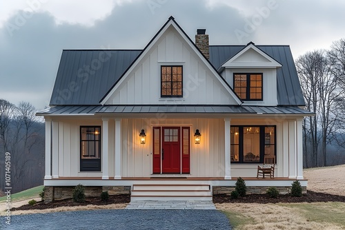a front view of a modern white farmhouse featuring a vibrant red door, classic black light fixtures, and white pillars. modern farmhouse with red door detail