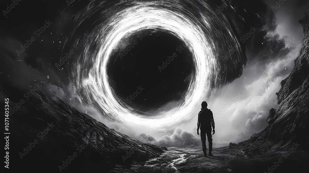 Obraz premium A lone figure stands before a swirling white ring, a mesmerizing celestial phenomenon that fills the sky, evoking a sense of awe and mystery.
