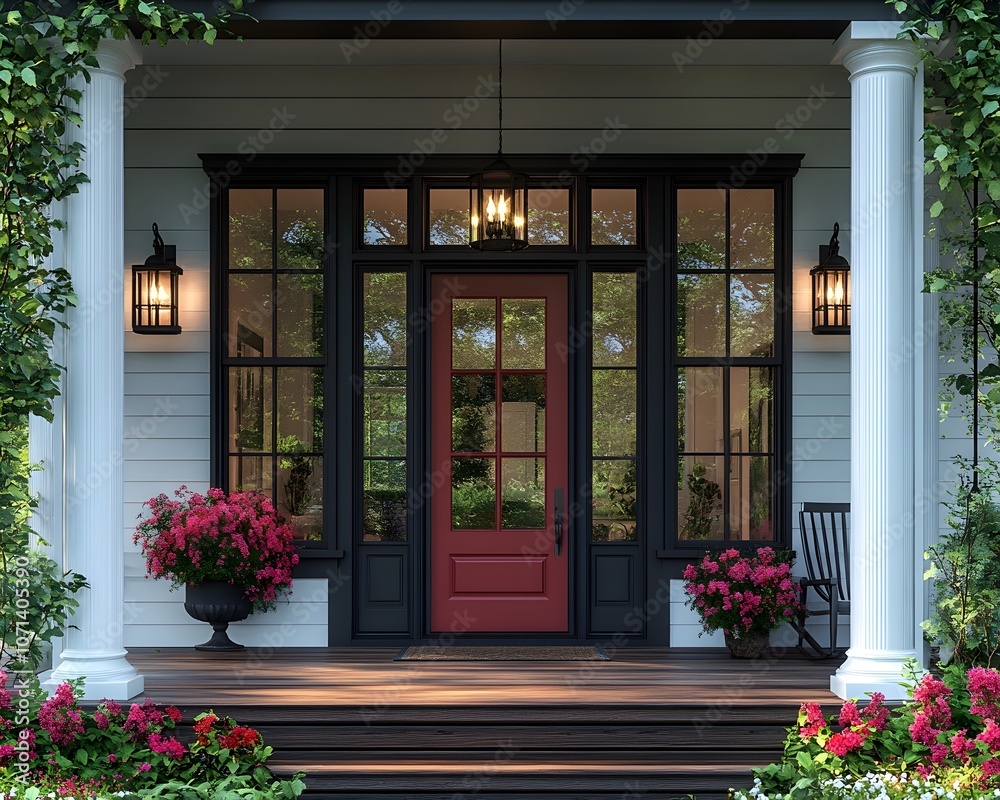 Fototapeta premium a front view of a modern white farmhouse featuring a vibrant red door, classic black light fixtures, and white pillars. modern farmhouse with red door detail