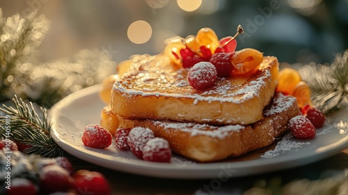 A plate of cinnamon buns adorned with sugar and berries, garnished for a festive holiday treat photo