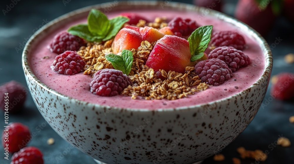 A vibrant smoothie bowl topped with fruits and granola. A vibrant smoothie bowl topped with fruits and granola.