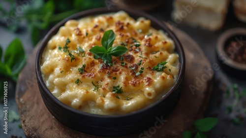 Baked macaroni and cheese in a rustic wood serving dish, garnished with fresh basil and sprinkled with red pepper.