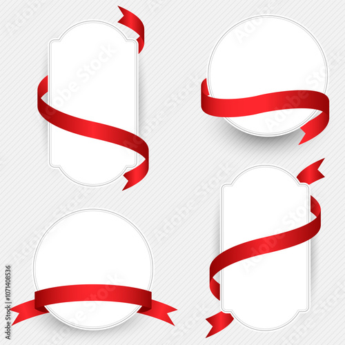 Set of label frames with red ribbons wrapped around them for decoration and celebration.