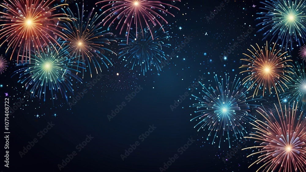 Fototapeta premium Fireworks on blue background with stars and space for text