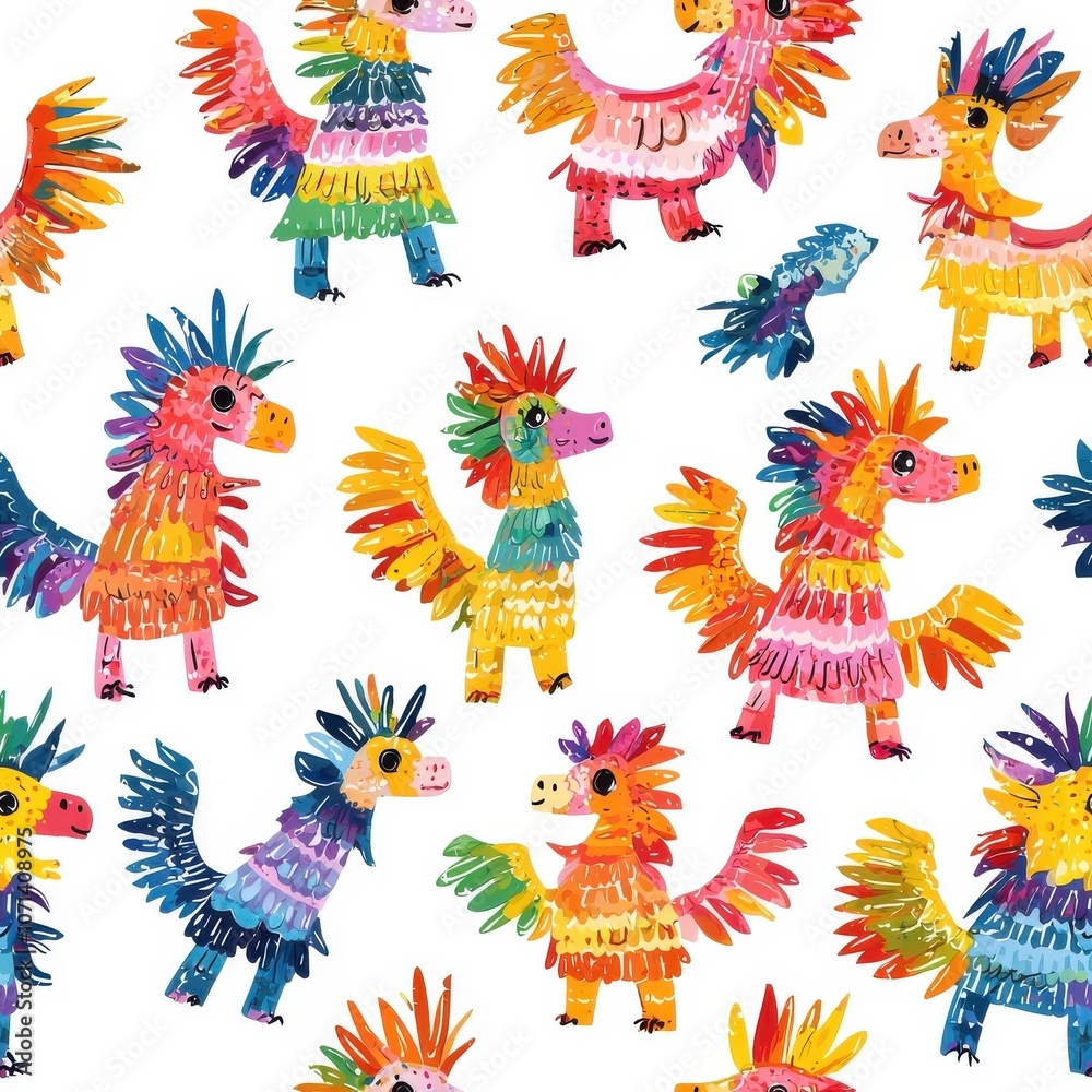 Fototapeta premium Colorful seamless pattern of Mexican piñata toys, lively and dynamic, isolated on white.