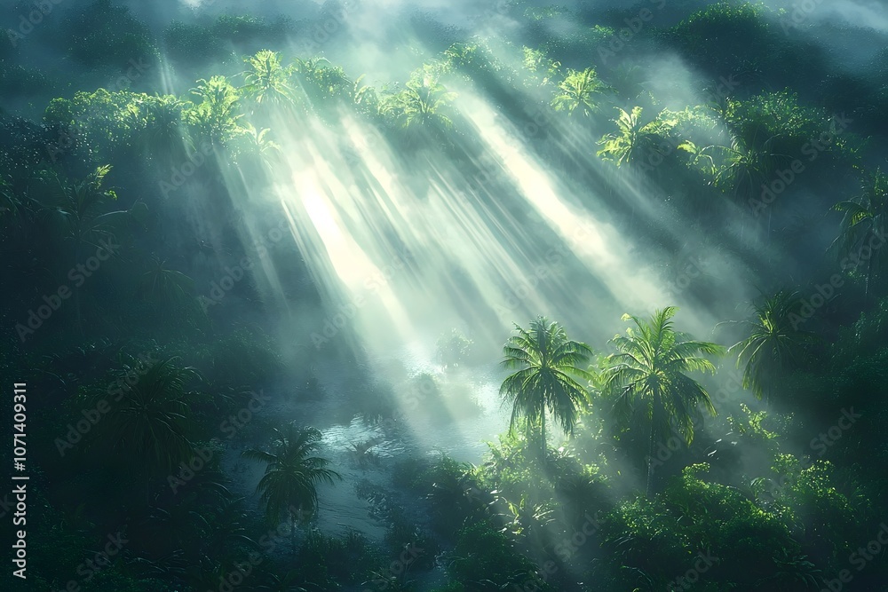 Obraz premium A serene landscape of a lush jungle where sunlight filters through a misty canopy, casting ethereal rays of light onto tropical palms and vegetation.