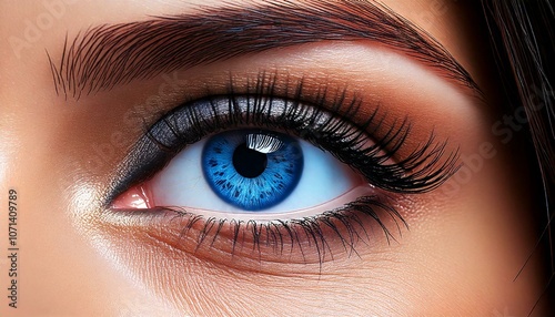 Close up of eye. Woman blue eye. Vision. Beautiful eyes with lashes. Macro eye.