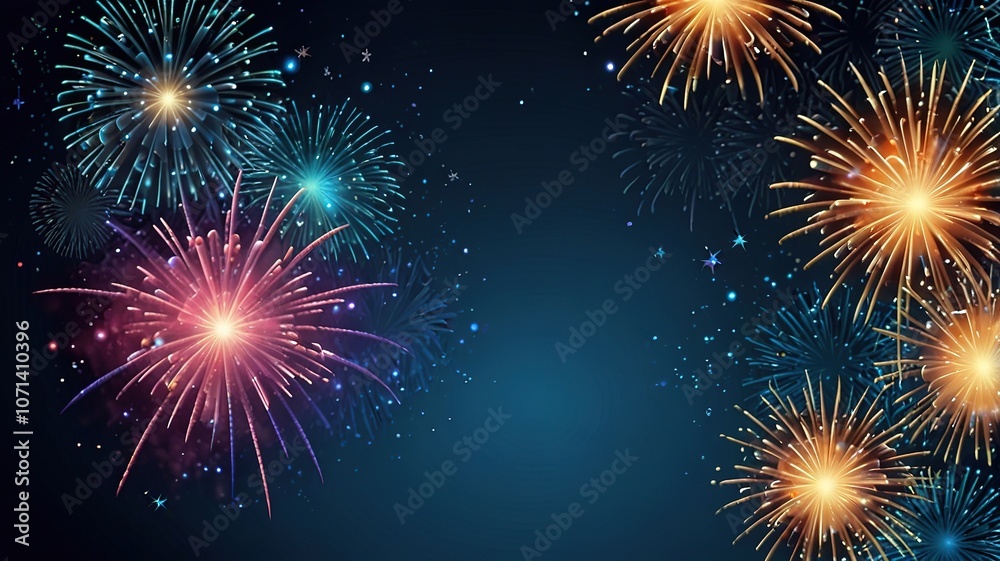 Fireworks on blue background with stars and space for text Fireworks on blue background with stars and space for text