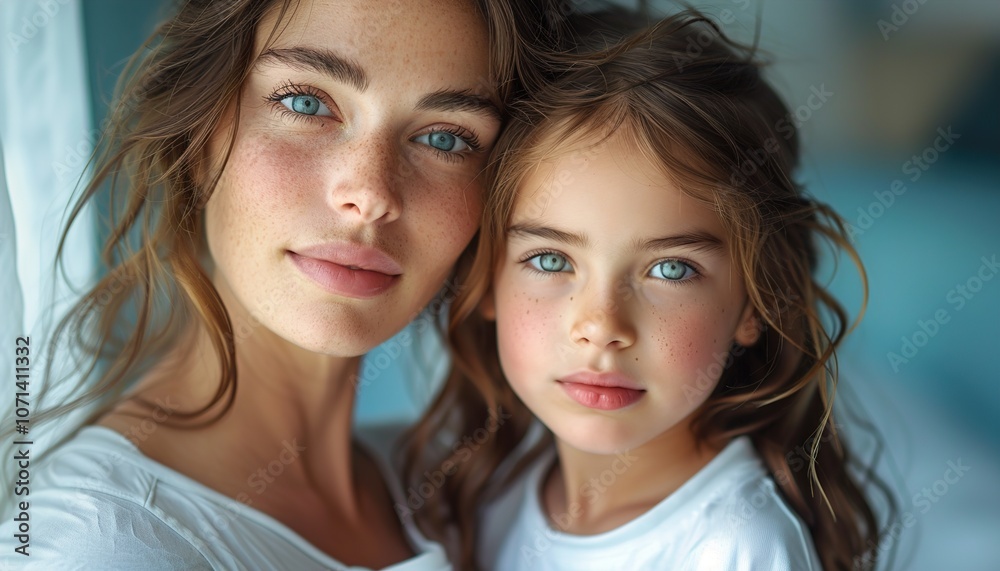 Close up photo amazing pretty two people brown haired mum small little daughter stand close Close up photo amazing pretty two people brown haired mum small little daughter stand close