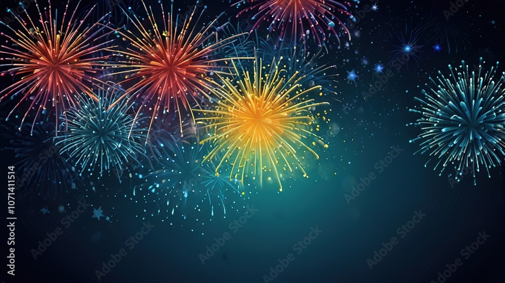 Fototapeta premium Fireworks on blue background with stars and space for text