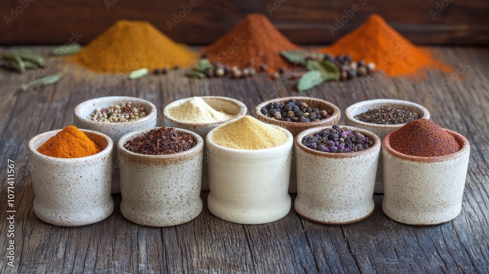Colorful Spices in Small Bowls on Rustic Table Colorful Spices in Small Bowls on Rustic Table