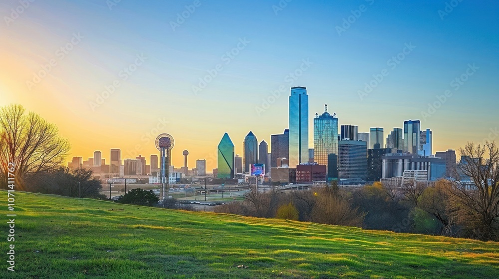 Fototapeta premium A vibrant skyline view of a city at sunset, showcasing modern architecture and green foreground.