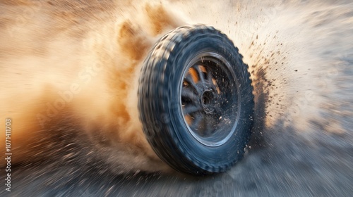 Dirt bike tire spinning fast, with dust trailing behind, capturing the thrill of off-road action. photo