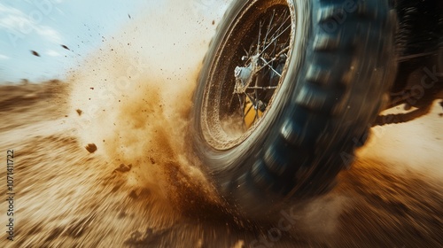 Dirt bike tire spinning fast, with dust trailing behind, capturing the thrill of off-road action. photo