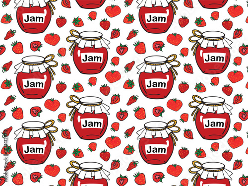 jam jars and strawberries seamless pattern, ideal for food packaging, kitchen decor, recipe books, and playful branding in culinary items.
