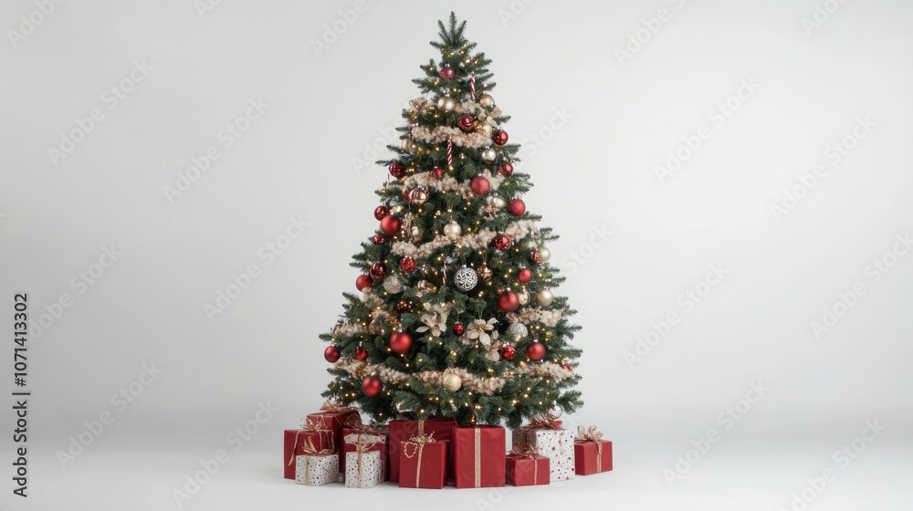 Elegant Christmas tree decorated with festive lights and ornaments, surrounded by gifts, against a simple white background Elegant Christmas tree decorated with festive lights and ornaments, surrounded by gifts, against a simple white background