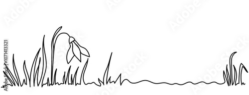 Minimalistic background of a single snowdrop flower amid simple grass lines. Sketch grass and flower. Delicate, doodle hand-drawn style shows early spring and nature's beauty