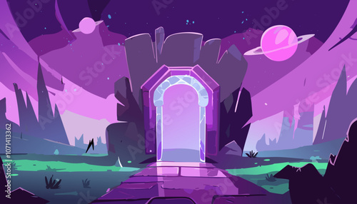 Vector cartoon illustration of fantasy game landscape with portal to another universe in the night.
