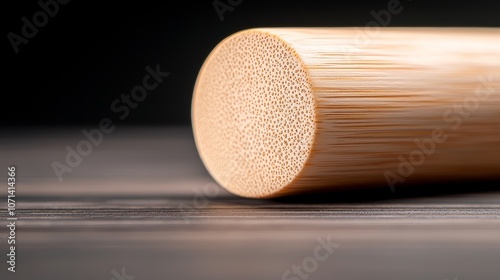 A close-up view of the end of a wooden rod, showcasing its smooth texture and natural grain against a dark background.