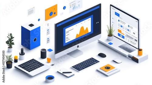 Workspace setup with computers, graphs, and organizational tools.