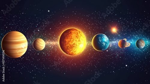 Fantasy solar system artwork with galaxy view, featuring planets and stars with unique intergalactic colors and light. photo