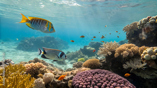 A close-up underwater scene of tropical fish swimming among vibrant coral formations in a clear lagoon photo