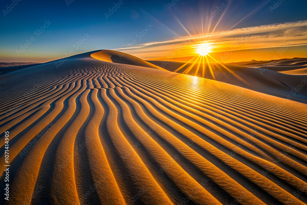 Naklejka premium A stunning sunset illuminates wave-like patterns across a vast sand dune landscape, creating a serene and picturesque atmosphere.