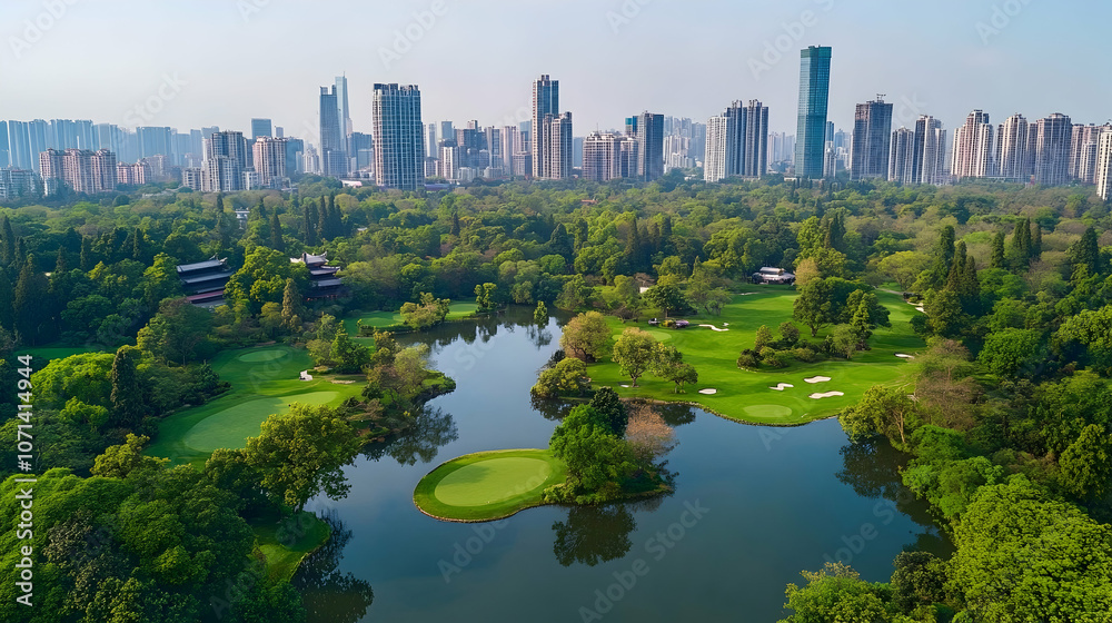 Aerial view of a golf course with a lake and a city skyline in the background. Aerial view of a golf course with a lake and a city skyline in the background.