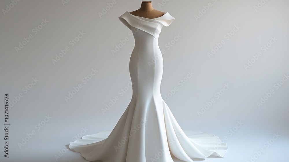 Fitted wedding dress with sleek, modern lines, on a white background for a chic look Fitted wedding dress with sleek, modern lines, on a white background for a chic look