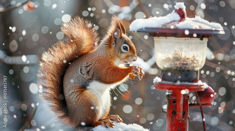 Naklejka premium A squirrel eating from a bird feeder in a snowy landscape, surrounded by falling snowflakes.