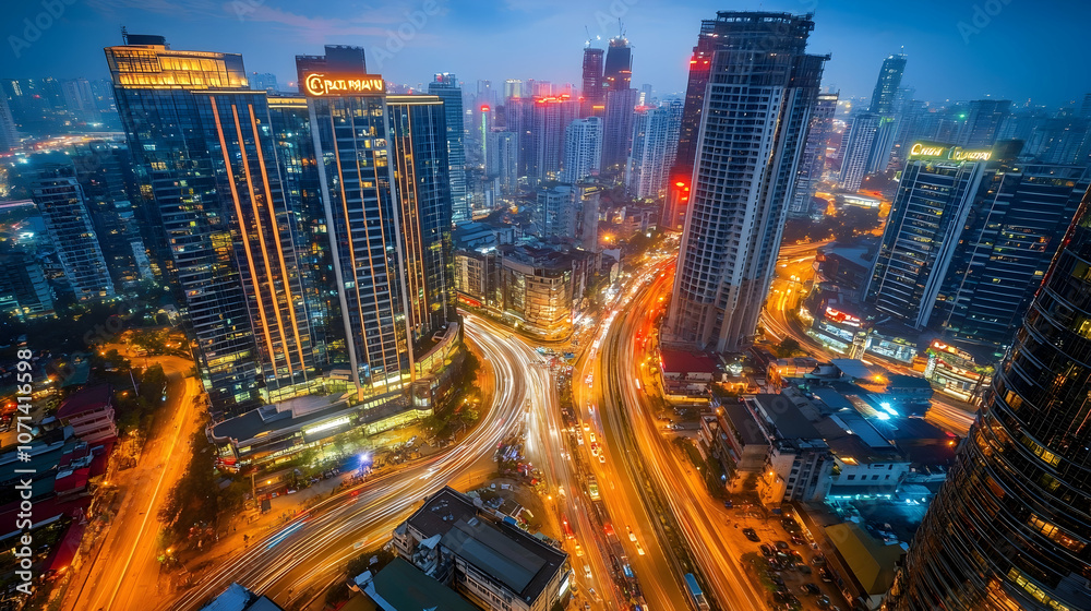 Fototapeta premium Aerial view of a modern city at night with traffic light trails.