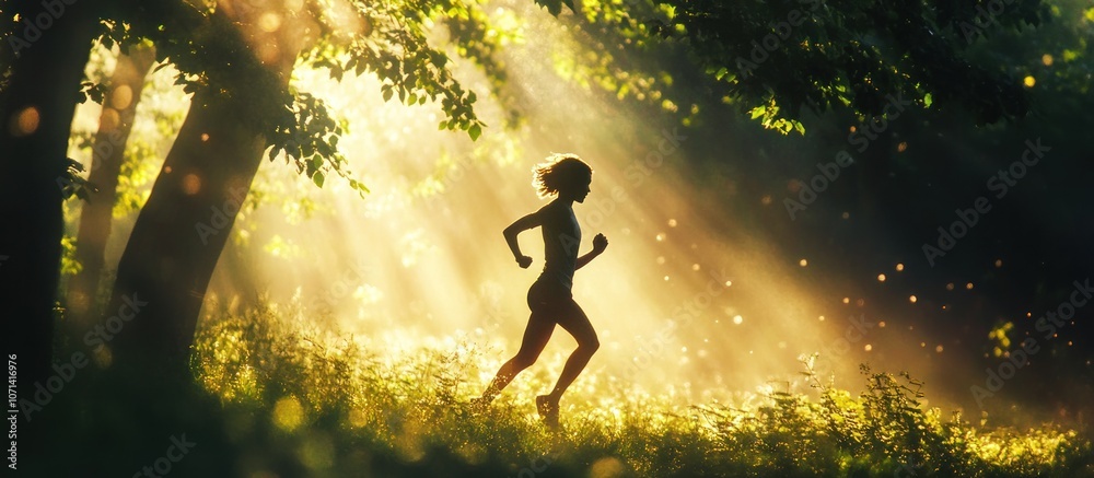 Naklejka premium Trail runner in the forest, energetic pose with sunlight filtering through trees