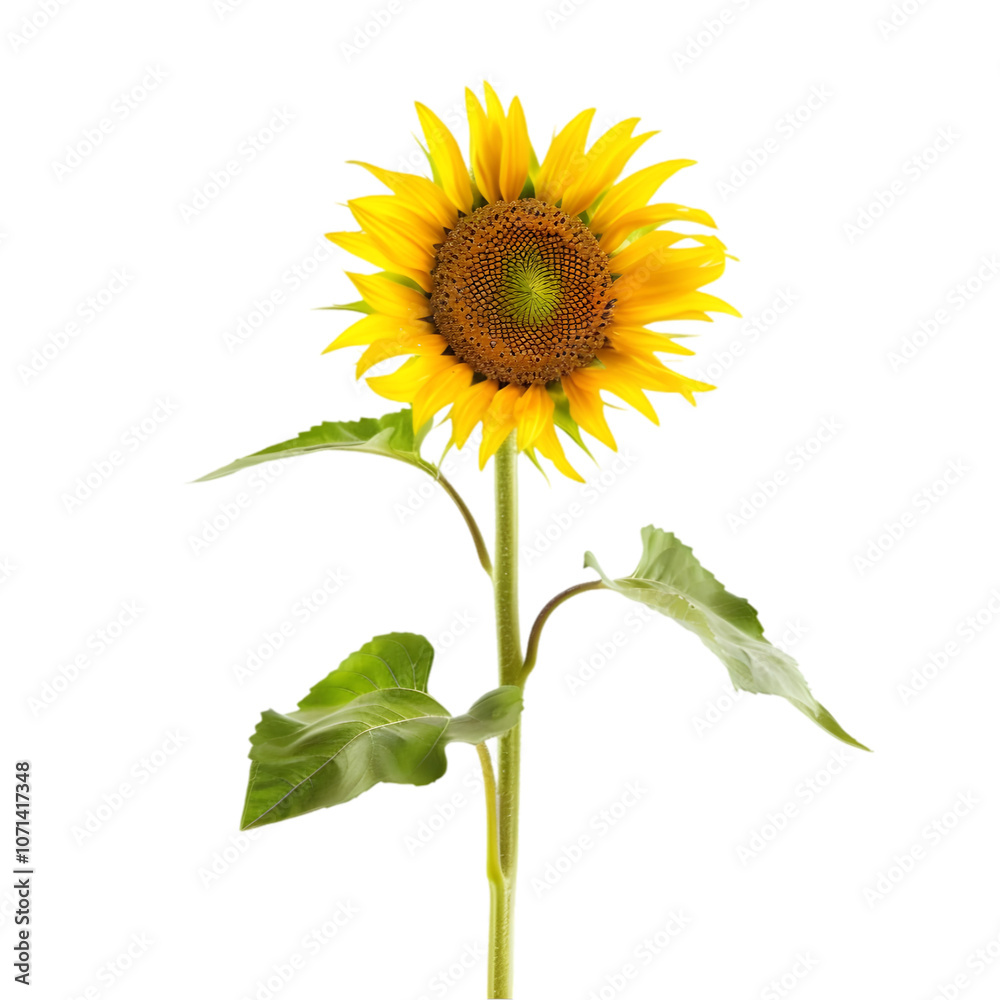 Obraz premium A blooming sunflower with a tall green stem, isolated on white background 