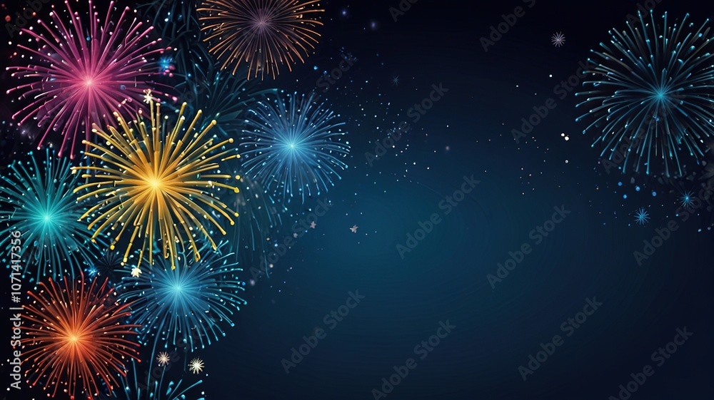 Fototapeta premium Fireworks on blue background with stars and space for text