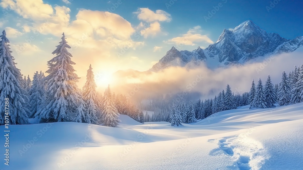 Fototapeta premium Snowy mountain landscape at sunset