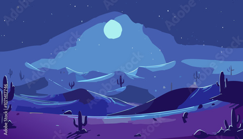 Night desert landscape with mountains and cactuses. Vector illustration.