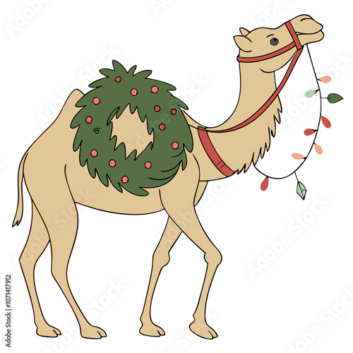 Camel Christmas: A festive camel decked out with a Christmas wreath and lights, perfect for holiday greeting cards, social media, and festive decor.  