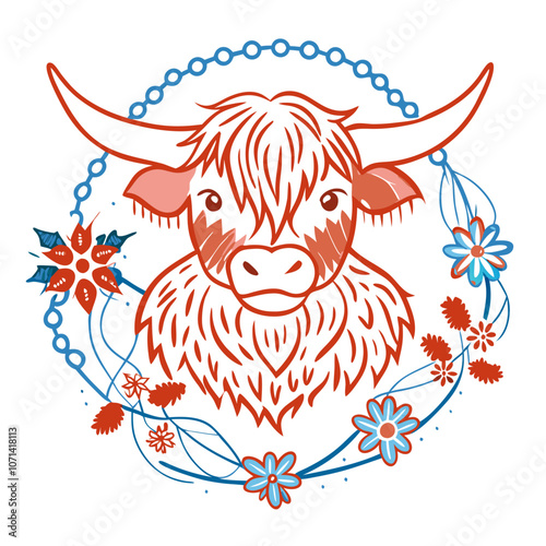 Highland Cow Floral Wreath:  A charming illustration of a Highland Cow's head adorned with a vibrant floral wreath, perfect for nature-themed designs.  