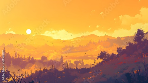 Warm sunrise over a mountain view, peaceful and serene landscape with golden tones in a lofi-inspired design. photo