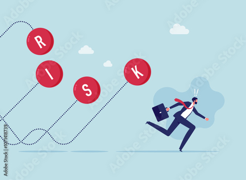 Risk averse, avoid or minimize risk, run away from uncertainty, fear or safety decision for investment, security or stability concept, Businessman investor run away from risk collapsing ball