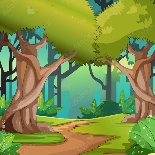 Nature scene with trees and path in the forest illustration. Cartoon style vector art.