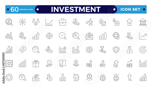 Investment outline icon set. Containing investor, mutual fund, asset, risk management, economy, financial gain, interest and stock icons. Stockbroker,  investor. Editable stroke outline icon.