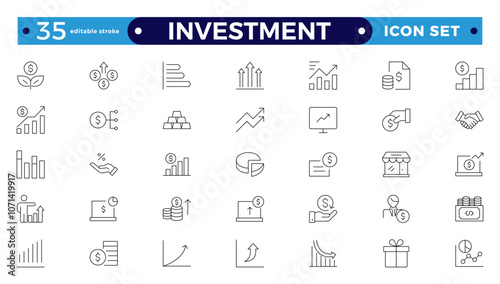 Investment outline icon set. Containing investor, mutual fund, asset, risk management, economy, financial gain, interest and stock icons. Stockbroker,  investor. Editable stroke outline icon.
