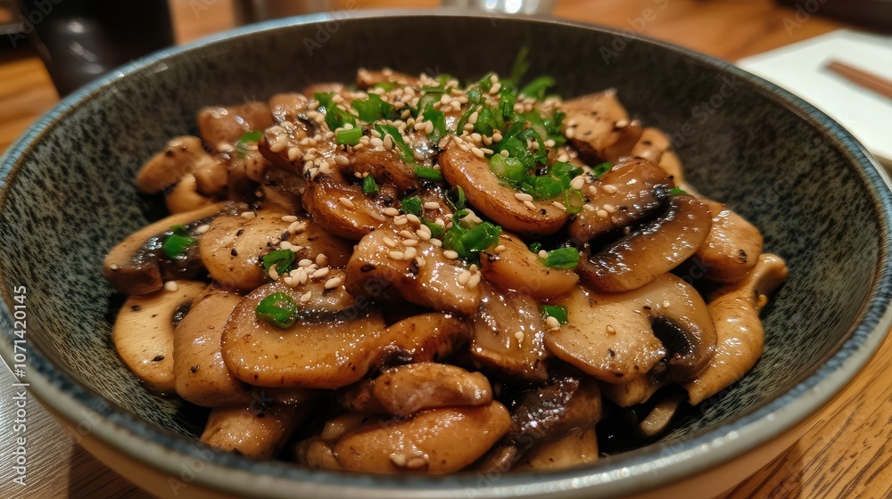 Fototapeta premium Savory Stir-Fried Mushrooms with Sesame Topping