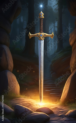 King Arthur’s Excalibur – Illustration of a Majestic Sword Embedded in Stone with Glowing Light Beaming Outwards